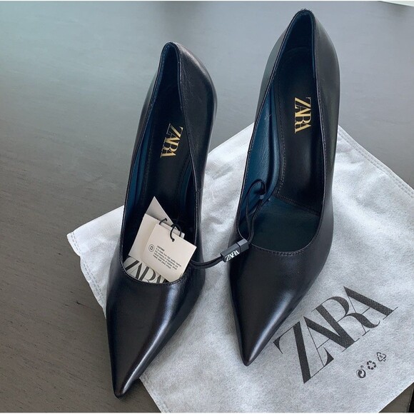 ZARA LEATHER POINTED TOE HEELS BLACK Size 8 - Picture 1 of 4